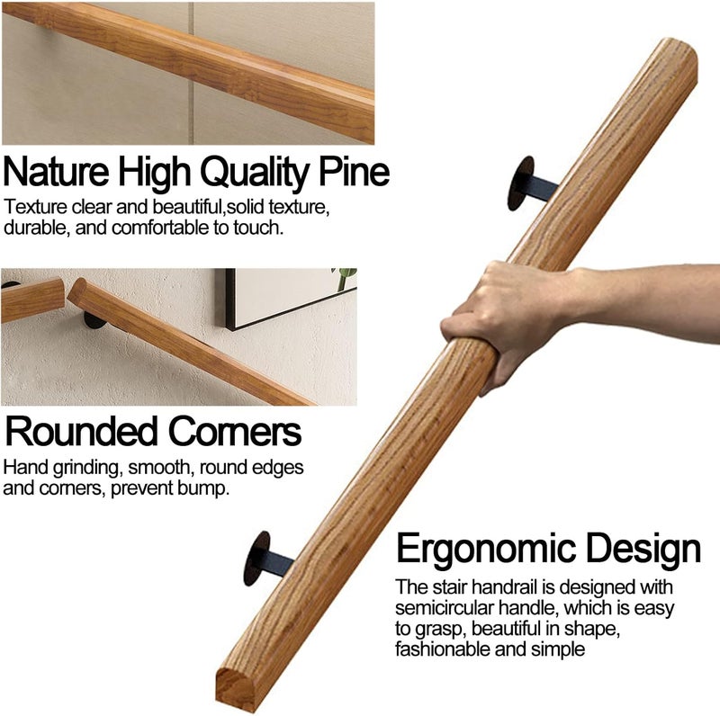 JuneFanwei 5FT Wooden Stair Handrails, Hand Railings for Stairs Indoor Outdoor, Sturdy Safety Wall Mount Support, Non-Slip Staircase Handrail for Home Garden Corridor, Lofts Decking, Kindergarten Guardrail - Image 3